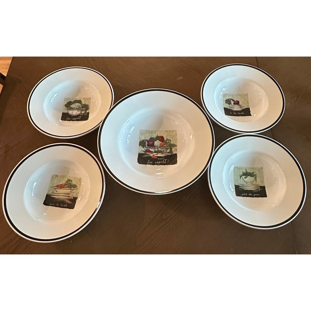 Crate Barrel French Bistro Vegetable Pasta Bowl Set 5pc Bon Appetit‎ Ceramic